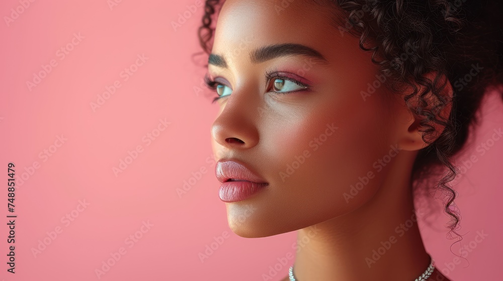 Pink Background with a Woman's Face, A Young Lady Looking at the Camera, Close-Up of a Woman with Pink Makeup on Her Lips, The Beauty of a Woman in a Pink Setting. Pink Background with a Woman's Face, A Young Lady Looking at the Camera, Close-Up of a Woman with Pink Makeup on Her Lips, The Beauty of a Woman in a Pink Setting.