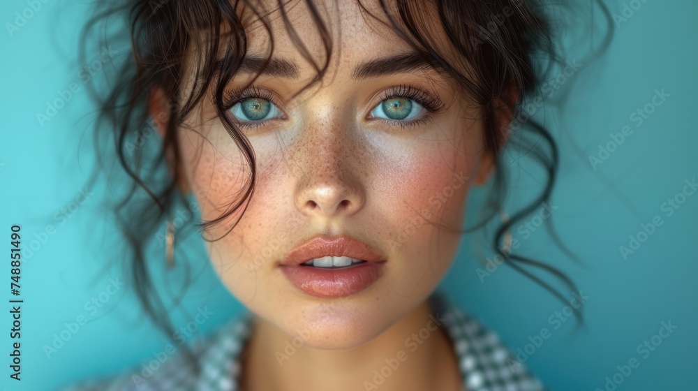 A Close-Up of a Woman's Face with Blue Eyes and Freckles., The Beauty of a Young Woman with Blue Eyes and Red Lips., Portrait of a Girl with Blue Eyes, Freckles, and a Smile., A Close-Up of a Woman's Face with Blue Eyes and Freckles., The Beauty of a Young Woman with Blue Eyes and Red Lips., Portrait of a Girl with Blue Eyes, Freckles, and a Smile.,