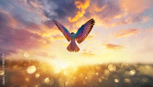 Fantasy colorful bird flying in amazing sunshine fairyland at sunset © Yulia