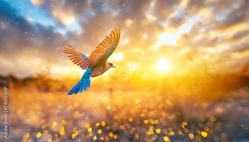 Fantasy colorful bird flying in amazing sunshine fairyland at sunset © Yulia