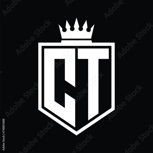 CT Logo monogram bold shield geometric shape with crown outline black and white style design