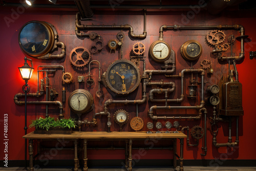 Steampunk Wall with Industrial Pipes and Gauges