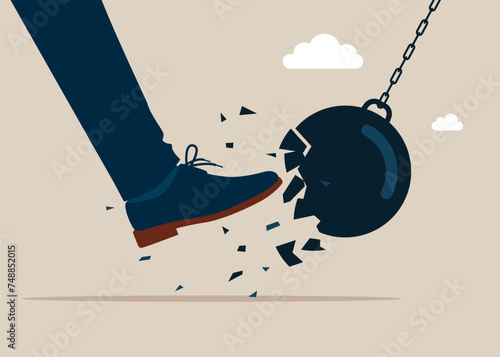 Businessman kicking hard the which protects from a collision with a broken wrecking ball. Safety measures. IT defense. Insurance and protection. Flat vector illustration