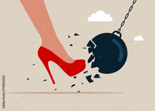 Female kicking hard the which protects from a collision with a broken wrecking ball. Safety measures. Insurance and protection. Flat vector illustration