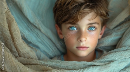 A Boy with Blue Eyes, The Young Boy's Gaze, Peeking from the Blankets, Little Boy Looking at the Camera. photo