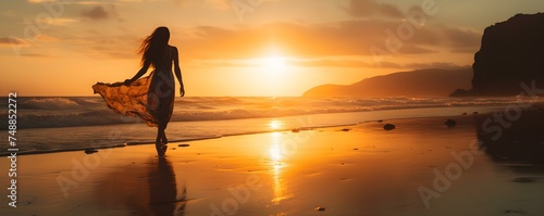 Embracing Freedom: A Smiling Woman Strolling on the Beach at Sunset. Concept Beach, Sunset, Portrait, Smiling, Freedom