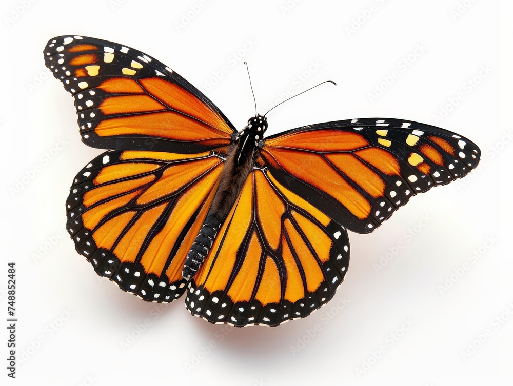Obraz premium A vibrant Monarch butterfly gracefully isolated against a pristine white background, showcasing its intricate patterns and delicate wings