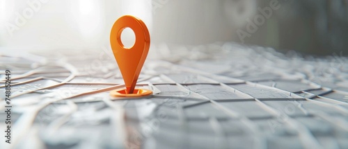 An orange map marker stands prominently on a physical map, highlighting a specific travel route or destination photo