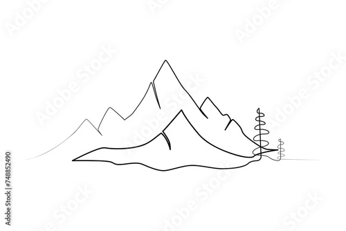 Continuous one-line mountain art . and outline nature landscape view single-line vector illustration.
