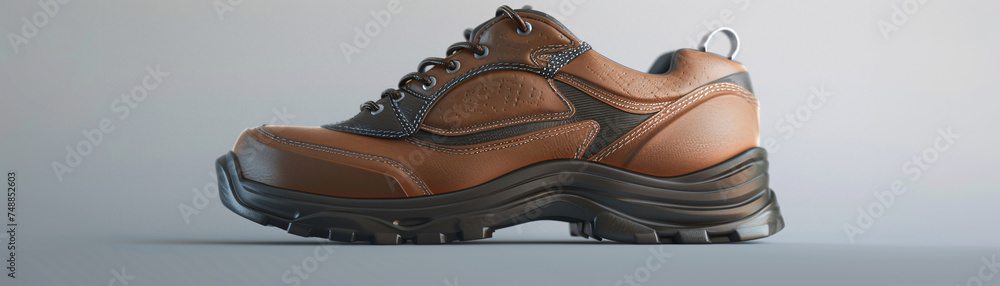 Construct a 3D image of high standard safety footwear for factory settings emphasizing strong materials and sleek design under clear natural lighting Construct a 3D image of high standard safety footwear for factory settings emphasizing strong materials and sleek design under clear natural lighting