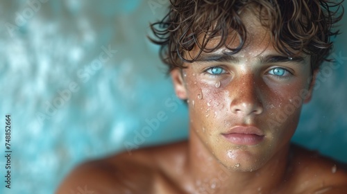 A Young Man with Blue Eyes, The Face of a Teenage Boy, Wet Hair and Glistening Skin, A Close-Up of a Young Adult's Face. © Albert