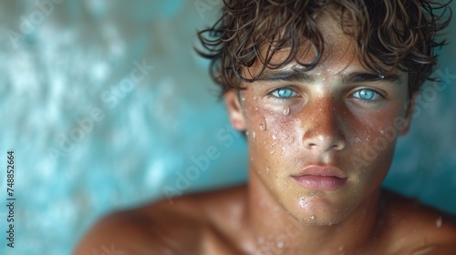 A Young Man with Blue Eyes, The Face of a Teenage Boy, Wet Hair and Glistening Skin, A Close-Up of a Young Adult's Face. photo