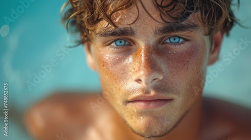 Aquatic Blue Eyes, Sun-Kissed Skin, Wet Hair and Sunburn, Lazing in the Pool. photo