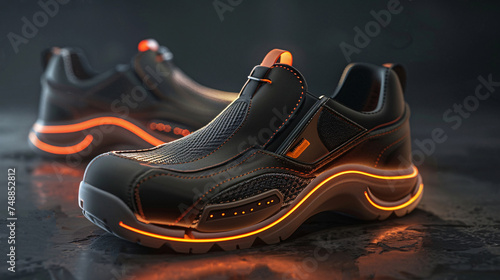 Create a 3D rendering of safety shoe design for industrial use featuring sleek ergonomic structure with reflective safety markings in a well lit studio setting