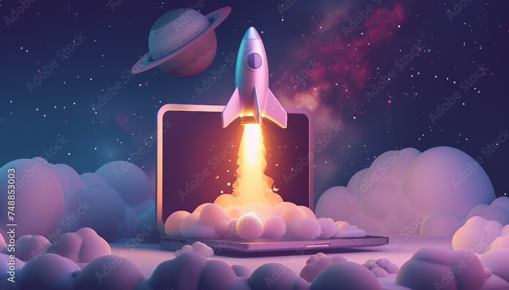 Tech-driven Adventure: Rocket Launches from Laptop, the excitement of technological adventure with an image showing a rocket launching into space from a laptop screen, AI Tech-driven Adventure: Rocket Launches from Laptop, the excitement of technological adventure with an image showing a rocket launching into space from a laptop screen, AI