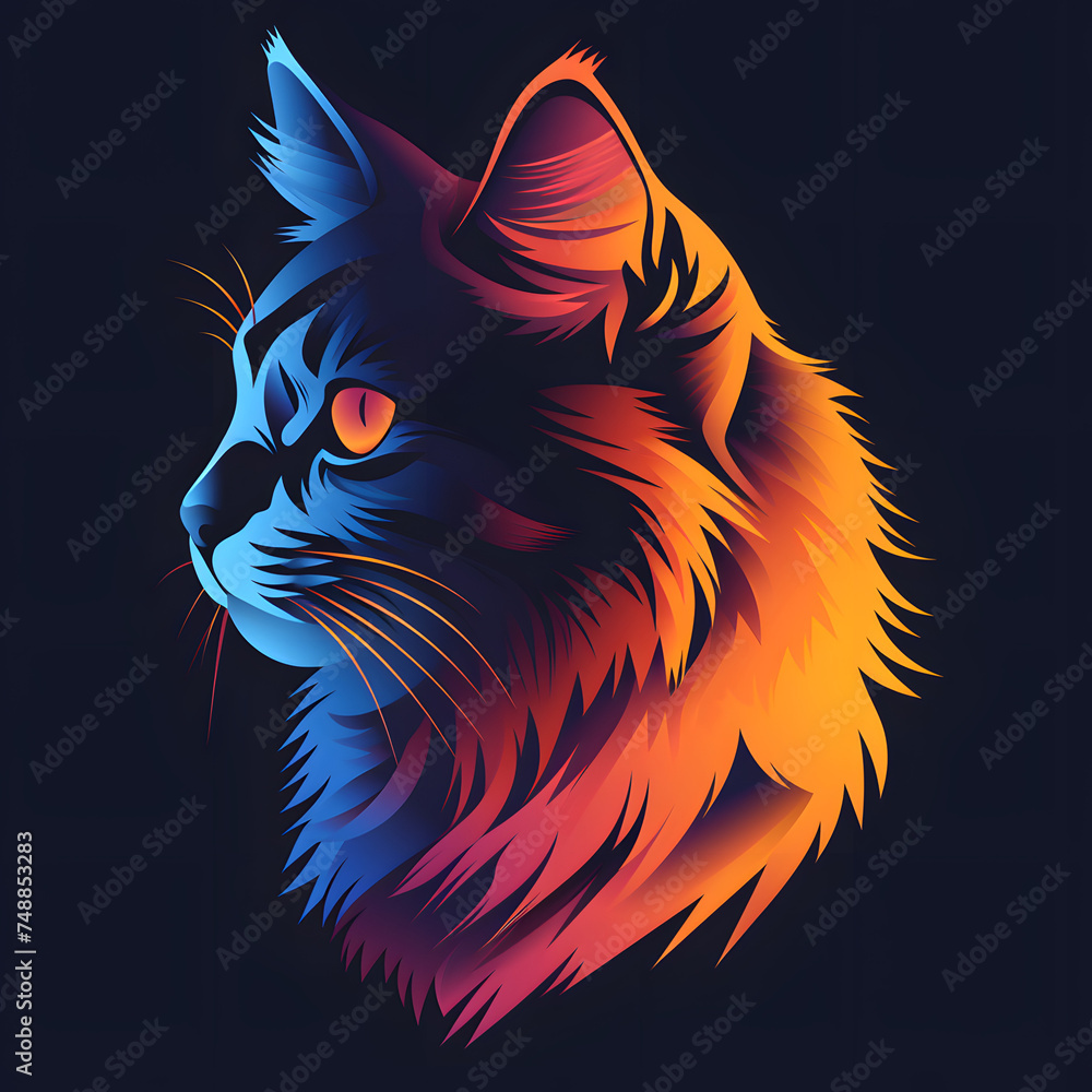 Artistic silhouette of a cat with vibrant orange backlight. Pet portrait concept for modern print and digital art design, vector cat line art gradient logo