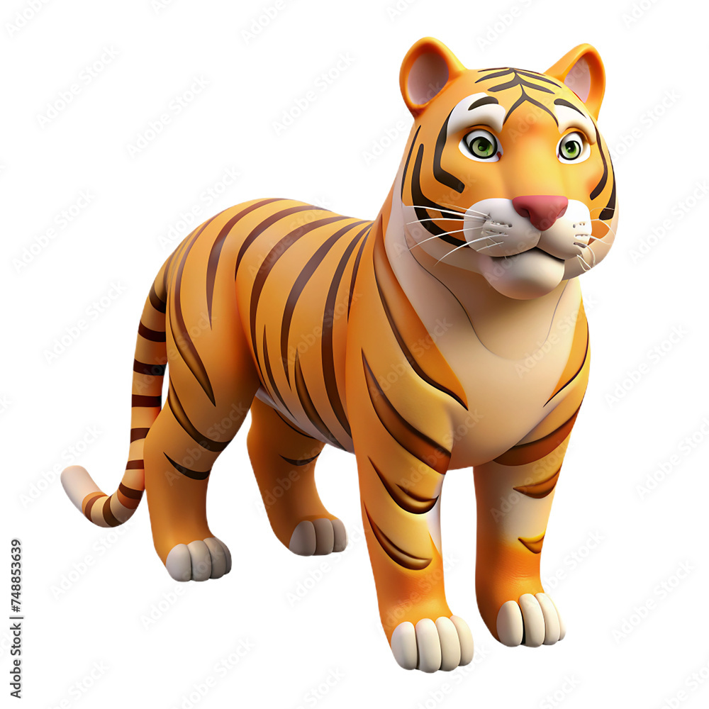 Obraz premium 3D cartoon tiger isolated on transparent background. 3D rendering.
