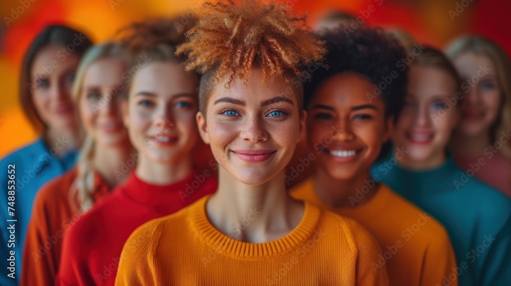 Fototapeta premium Smiling Faces in a Crowd, A Group of Young Women with Blue Eyes, The Many Colors of Youth, Unity and Diversity Among Friends.