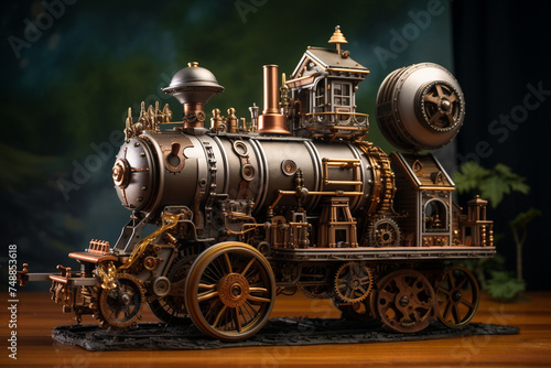 Steampunk Engine with Steam and Moving Parts