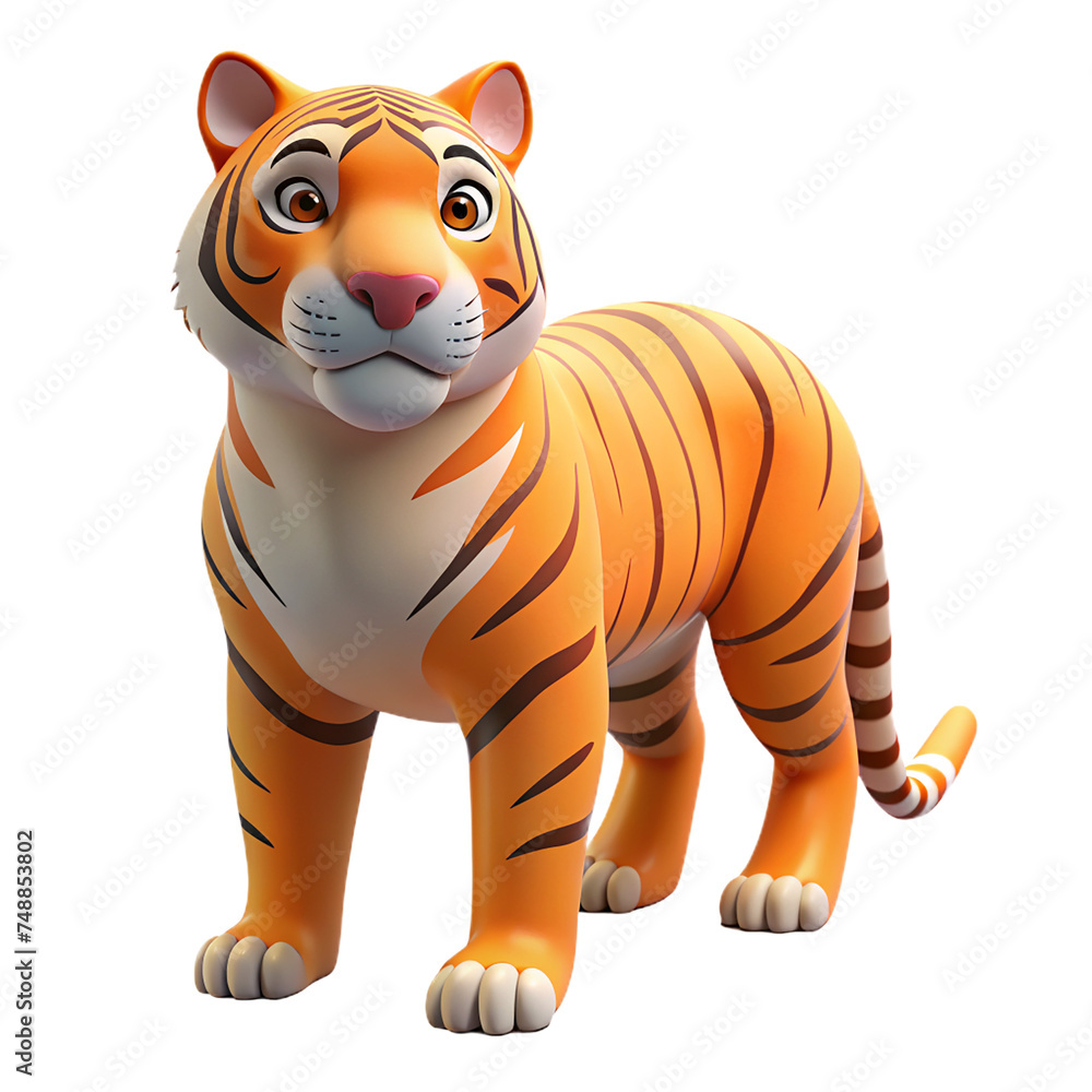 3D cartoon tiger isolated on transparent background. 3D rendering. 3D cartoon tiger isolated on transparent background. 3D rendering.