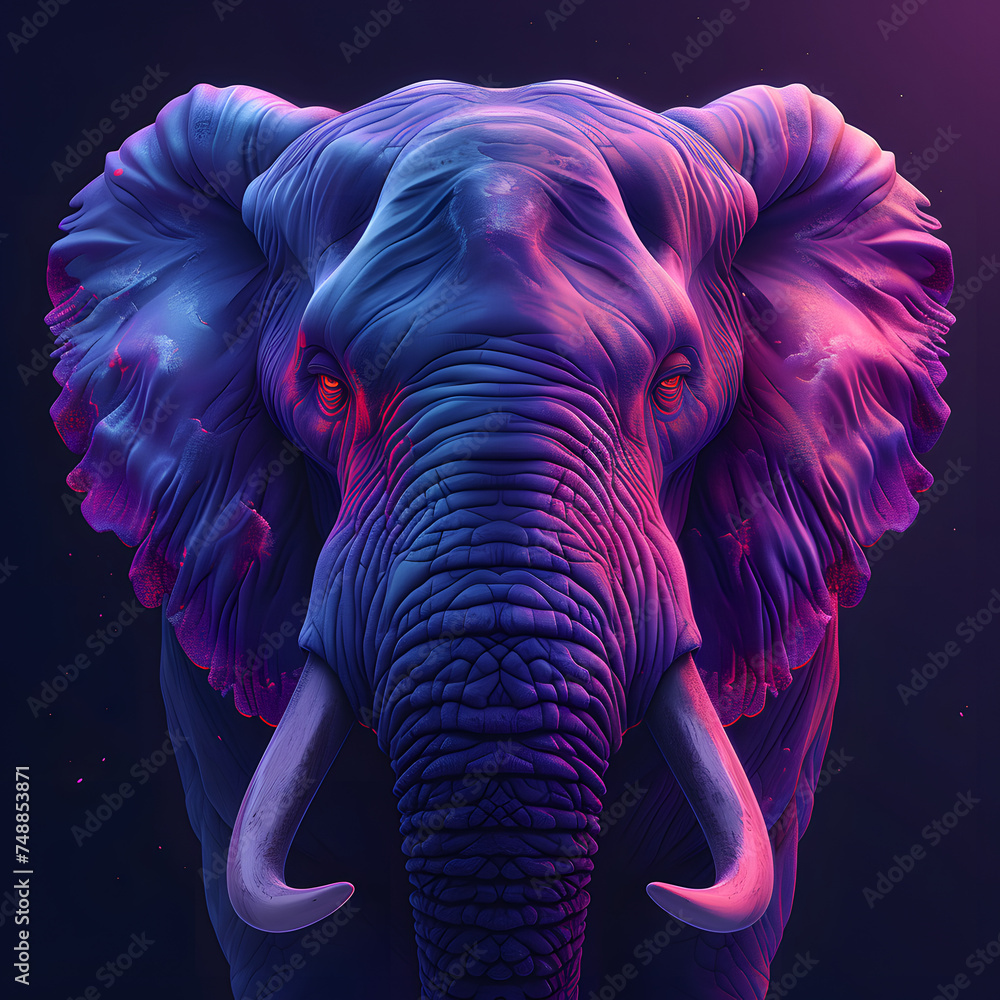 Colorful digital art portrait of an elephant with a neon glow. Wildlife and conservation concept. Design for posters, t-shirts, and educational materials - obrazy, fototapety, plakaty 