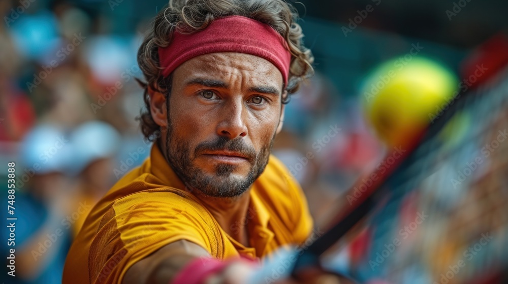 Tennis Player Preparing to Serve, Athlete in Action with Racket and Ball, Man in Orange Shirt Holding Tennis Racket, Serious Tennis Player Focused on Game.