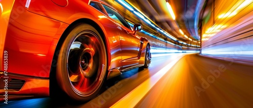 A sleek sports car in a dynamic motion blur races through an urban tunnel with glowing orange lights reflecting on the asphalt © Seksan