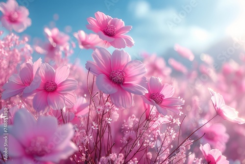 Vast expanse of pink cosmos flowers swaying under a clear blue sky with soft sunlight filtering through