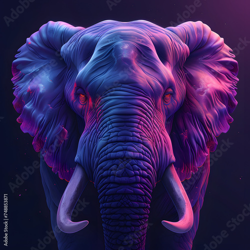 Colorful digital art portrait of an elephant with a neon glow. Wildlife and conservation concept. Design for posters, t-shirts, and educational materials