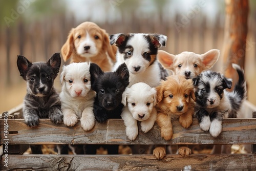 A line-up of precious puppies of various breeds showcases their cuteness over a weathered wooden backdrop photo