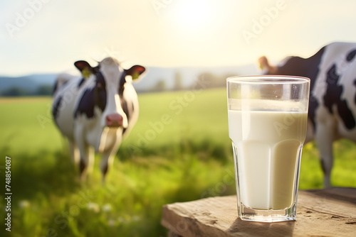 Glass of milk with cow on meadow in blurry background