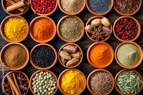 Different types of spices, plenty colorful powders and seeds to improve flavor of food