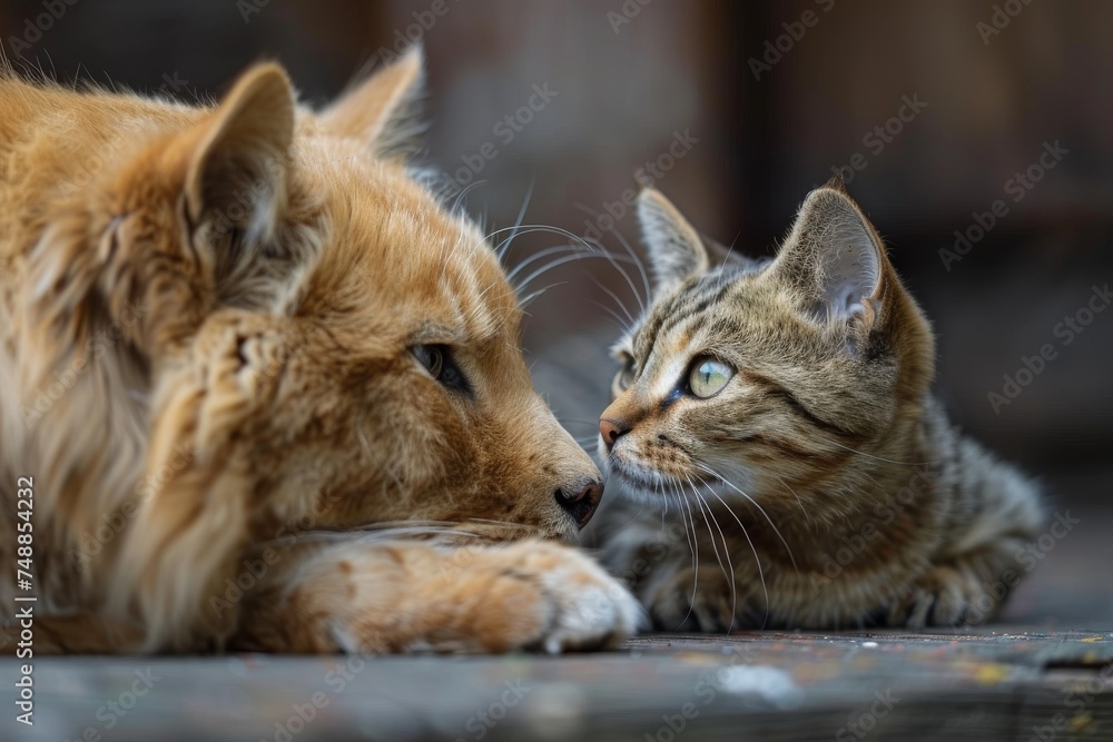 In a touching scene, two domestic cats are close together, showcasing a moment of affection and bond between them
