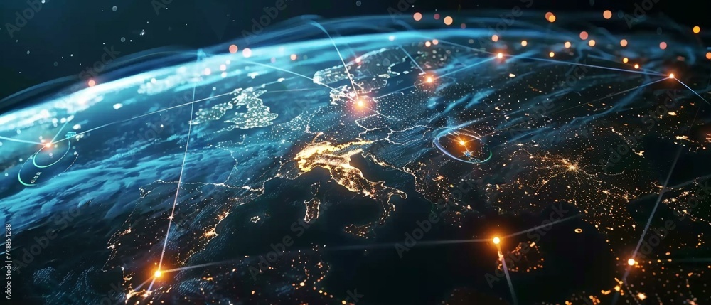 Fototapeta premium A glowing digital representation of Earth with illuminated network connections highlights global communication and data exchange against a backdrop of city lights at night