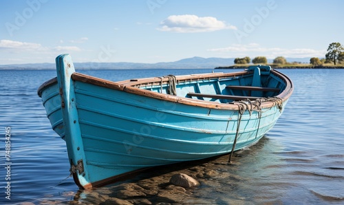Blue Rowboat Floating on Water