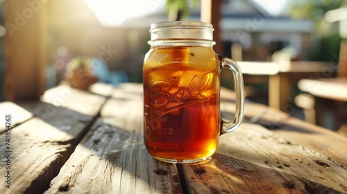 Mason jar of cold tea on wooden table  photo