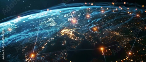 A glowing digital representation of Earth with illuminated network connections highlights global communication and data exchange against a backdrop of city lights at night