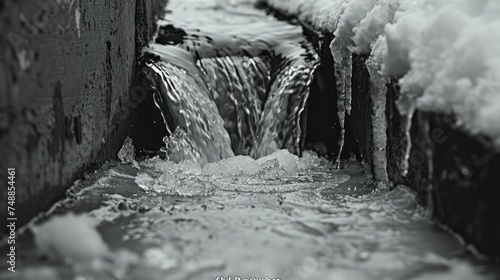 In winter, the ice trumpeted from the storm drains in black and white photo