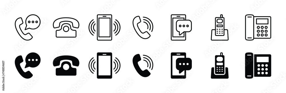 Phone thin line icon set. Sign and symbol of ringing cell phone, mobile, and smartphone. Containing telephone call center, contact us, communication. Vector illustration Phone thin line icon set. Sign and symbol of ringing cell phone, mobile, and smartphone. Containing telephone call center, contact us, communication. Vector illustration