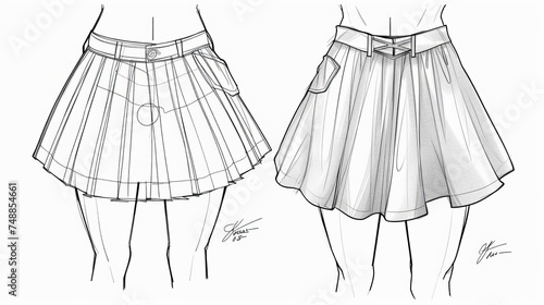 mini shorts skirt fashion drawing, bird eye detail skirt, front and back view, skirt cad, skirt template. photo