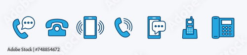 Phone icon set. Sign and symbol of ringing cell phone, mobile, and smartphone. Containing telephone call center, contact us, communication. Vector illustration