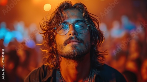 A Man with Long Hair and Glasses, The Face of a Young Man in the Crowd, Man with a Beard and Glasses Looking at Camera, A Person with Long Hair and Glasses Staring into the Light. photo