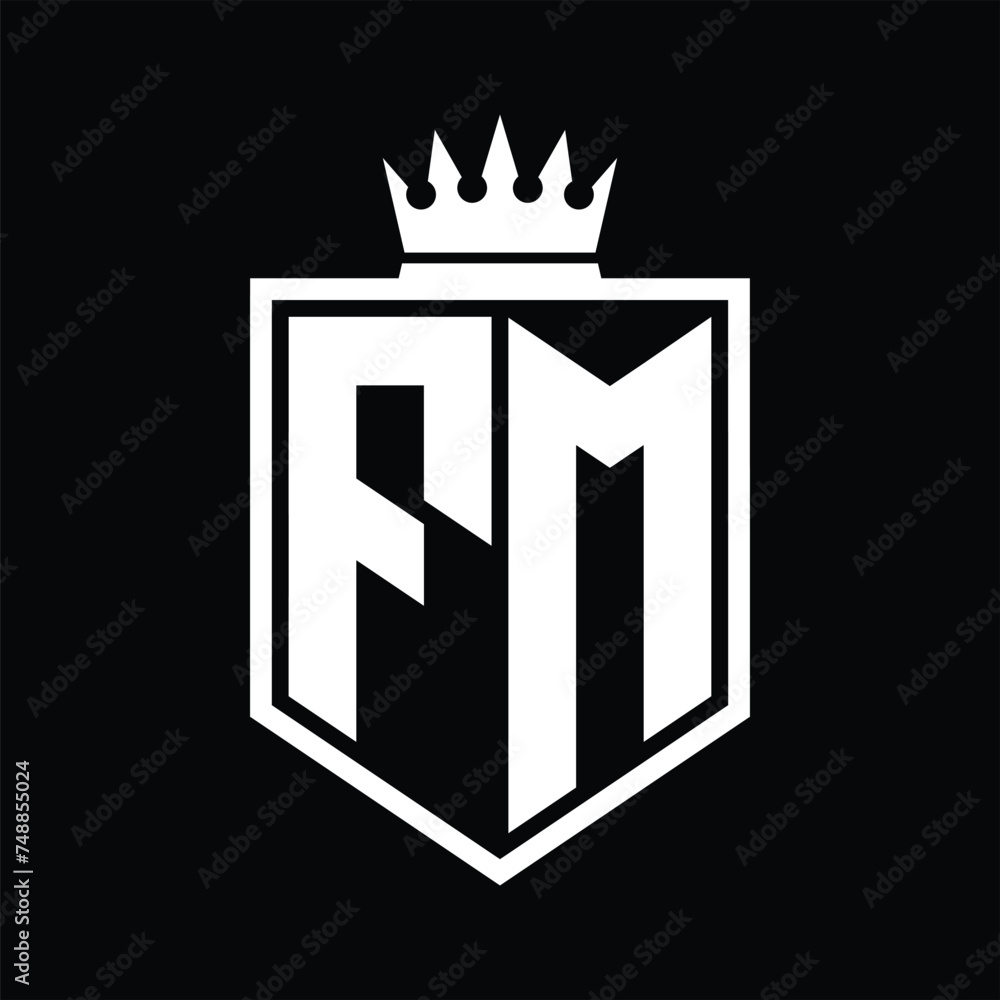 FM Logo monogram bold shield geometric shape with crown outline black and white style design FM Logo monogram bold shield geometric shape with crown outline black and white style design