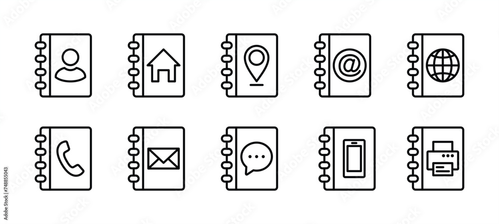Address book thin line icon set. Containing contact, user, home location, mail, email, Email, website, telephone, mobile, fax for app and website. Vector illustration Address book thin line icon set. Containing contact, user, home location, mail, email, Email, website, telephone, mobile, fax for app and website. Vector illustration