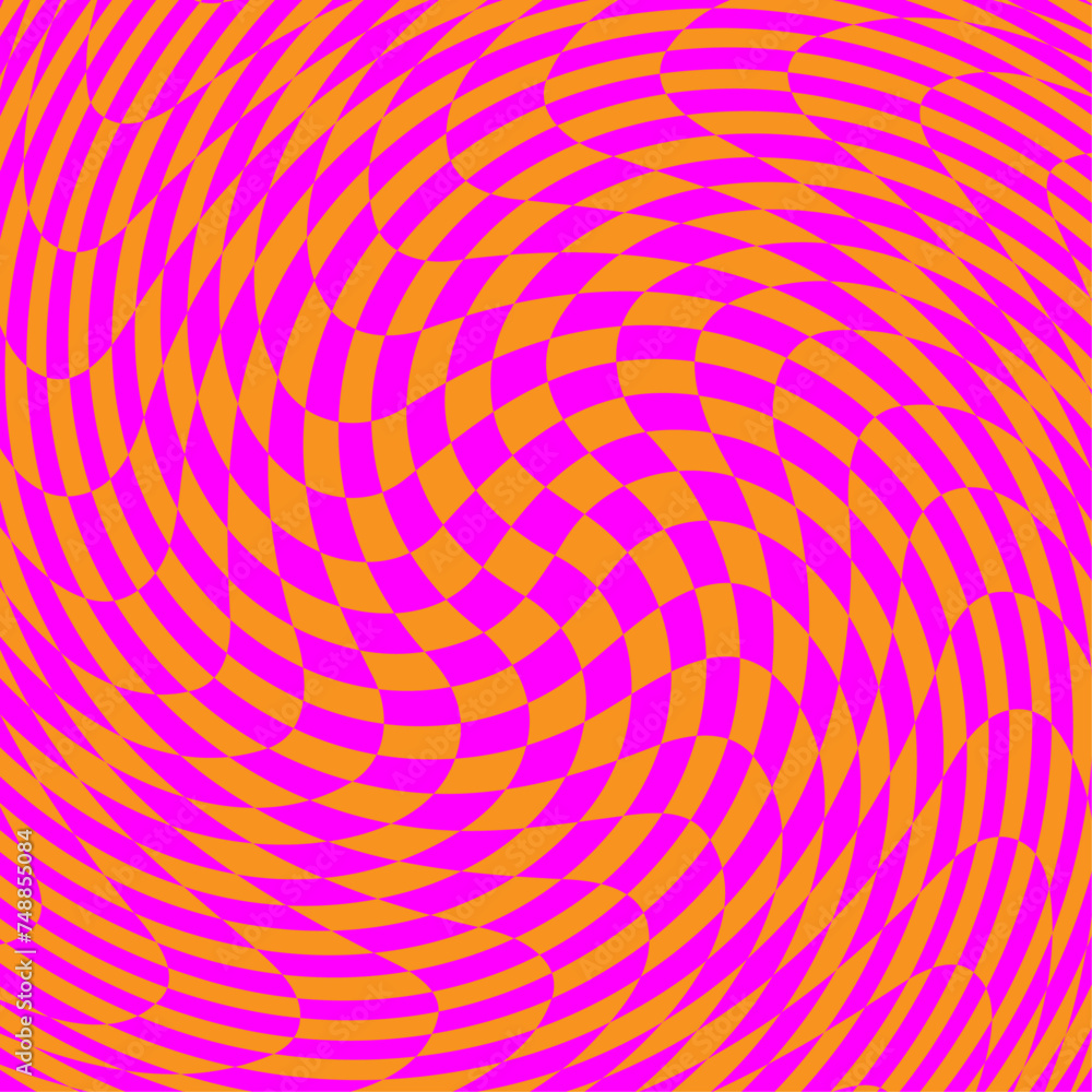 Distorted chess board background. Visual chequered illusion. Dizzy psychedelic pattern with warped pink and orange squares. Trippy checkerboard surface. Vector flat illustration. Distorted chess board background. Visual chequered illusion. Dizzy psychedelic pattern with warped pink and orange squares. Trippy checkerboard surface. Vector flat illustration.