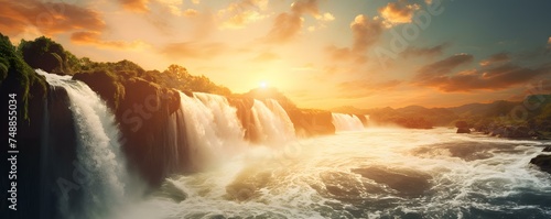 Scenic landscape with majestic waterfall under a bright suns golden rays. Concept Scenic Landscape, Majestic Waterfall, Bright Sun's Golden Rays
