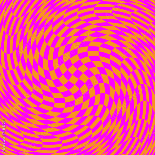 Distorted chess board background. Visual chequered illusion. Dizzy psychedelic pattern with warped pink and orange squares. Trippy checkerboard surface. Vector flat illustration.