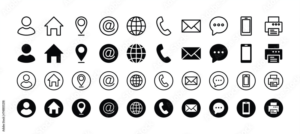 © Vilogsign - Business card contact information icon set. Containing name, address, location, mail, email, E-mail, chat speech bubble, website, telephone, cell phone, fax for app and website. Vector illustration