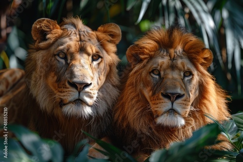 A captivating photo capturing the essence of wildlife with two lions, one male and one female, lying close together amid a rich green backdrop © svastix