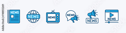Set of news icon. Containing newspaper, global, television, video, message, and megaphone. Vector illustration